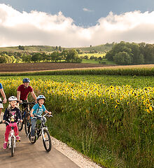 Familie auf Fahrrädern auf einem Feldweg